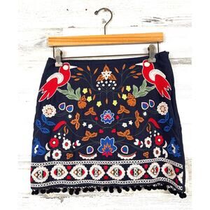 Umgee Womens S Navy Blue Multi Embroidered Mini Skirt Cotton Blend Boho Chic